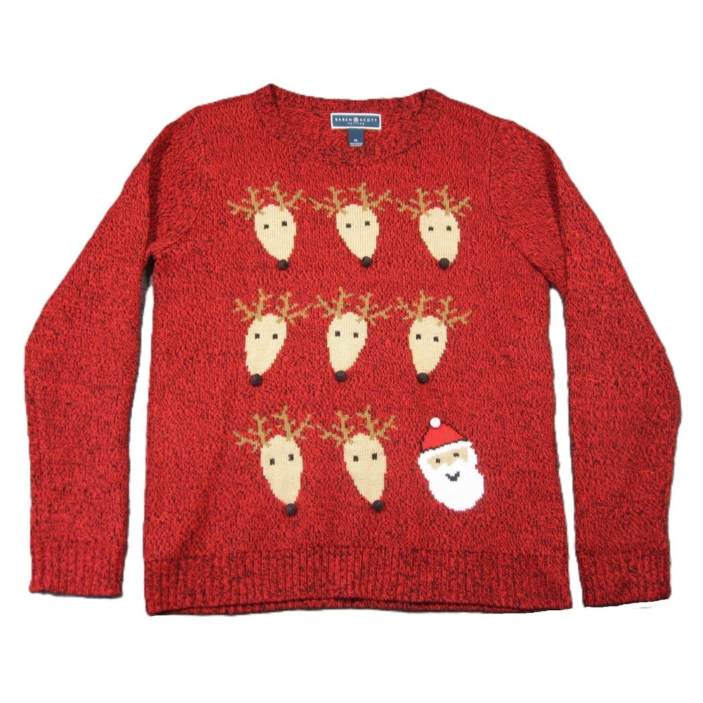 Karen Scott Christmas Sweater PL Red Marled Reindeer Santa‎ Teacher Holiday Cozy